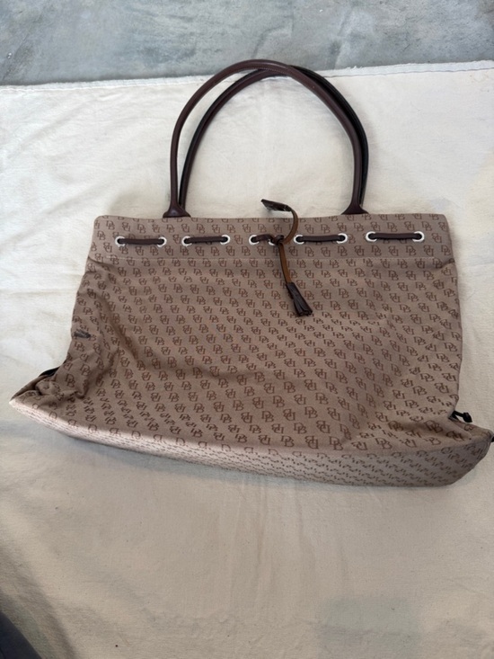 Dooney & Bourke Handbags - Dooney & Bourke Beige Monogram Tote with Brown Leather Handles